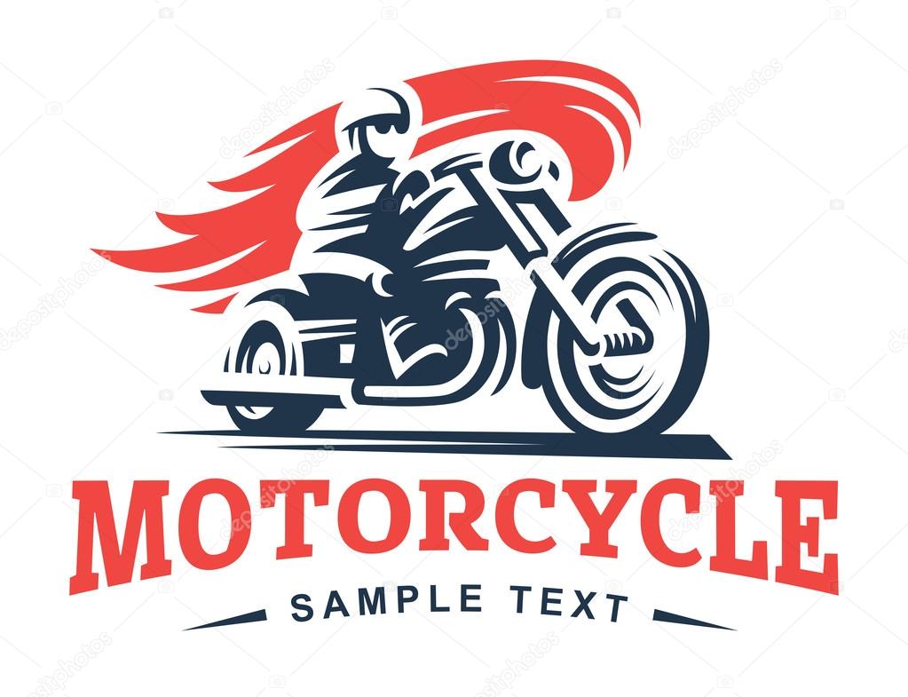 Biker, fire, motorcycle, emblem and label on white background