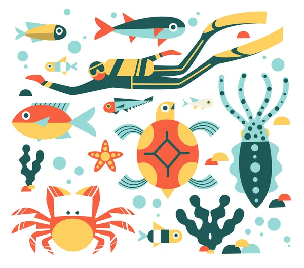 Set of illustrations on the marine theme, flat style — Stock Vector