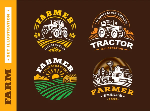 Set Illustration logo de ferme sur fond sombre — Image vectorielle