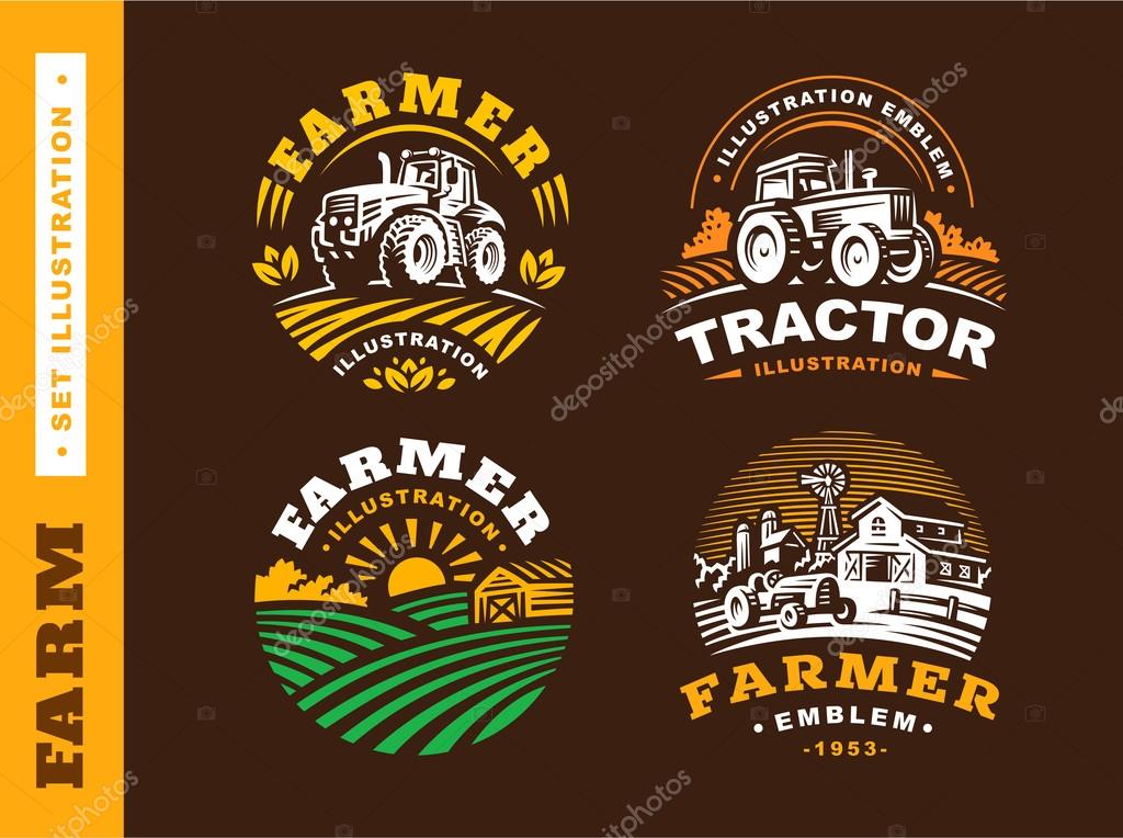 Set Illustration farm logo in vintage style on dark background