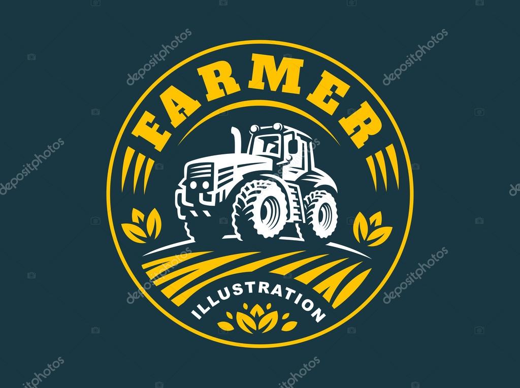 Tractor logo illustration on dark background, emblem design