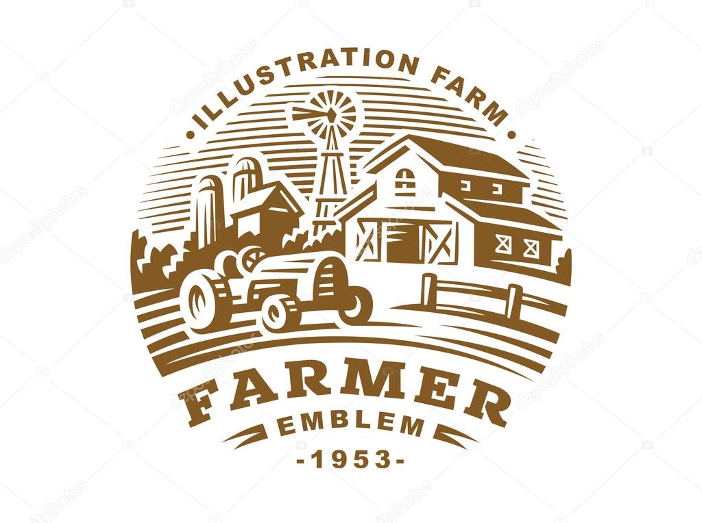 Illustration farm logo in vintage style on a white background