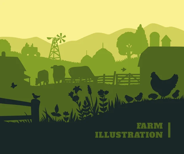 Fond d'illustration de ferme, éléments de silhouettes colorées, plat — Image vectorielle