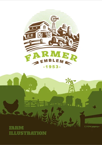 Fond d'illustration de ferme, éléments de silhouettes colorées, plat — Image vectorielle