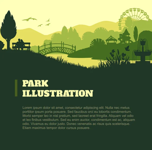 Fondo de ilustración del parque, elementos de siluetas de colores, plano — Vector de stock