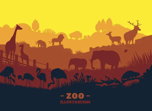 พื้นหลังภาพวาดโลกของสวนสัตว์ องค์ประกอบสลูเอทสี แบน — ภาพเวกเตอร์สต็อก