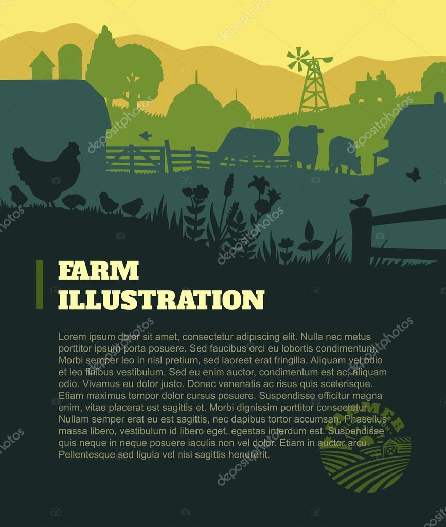 Farm illustration background, colored silhouettes elements, flat design