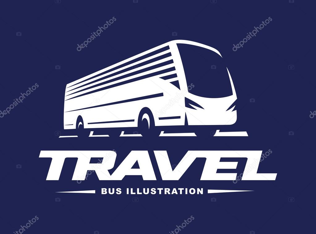 Travel bus illustration, logo on dark background