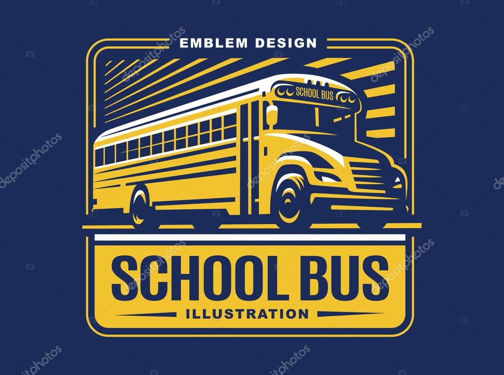 School bus illustration on light background, emblem design