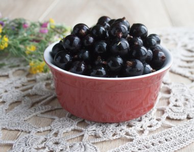Kırmızı kabın içinde siyah kuş üzümü
