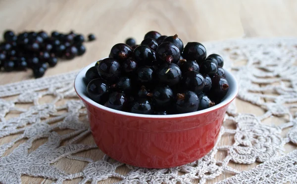 Kırmızı kabın içinde siyah kuş üzümü