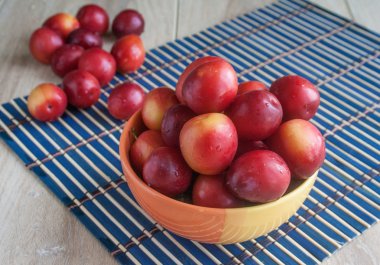 Mavi bir arka plan üzerinde sarı bir tabak içinde su ile kırmızı Erik damla