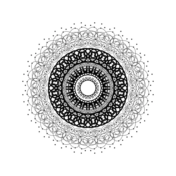 Mandala redondo dibujado con líneas negras sobre un fondo blanco. Adorno simétrico vectorial . — Vector de stock