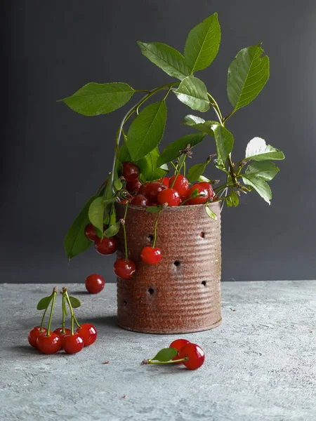 Cerezas maduras con hojas en una lata vieja — Foto de Stock