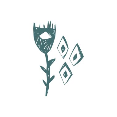 Geometrik süslemeler ve İskandinav halk cazibesiyle elle çizilmiş skandi çiçekleri. Ev dekorasyonu, tekstil, ambalaj, poster, markalaşma, duvar sanatı için mükemmel. Vektör İllüstrasyonu. 