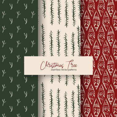 Çam dalları ve kağıt markalaştırma kartlarının kumaşları ve tatil yaratıcı çalışmaları için süsleri olan kusursuz desenler. Vektör İllüstrasyonu