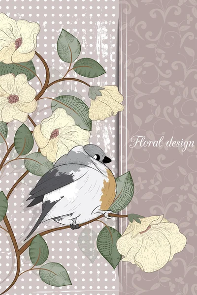 Kártya a madár és a virágok — Stock Vector