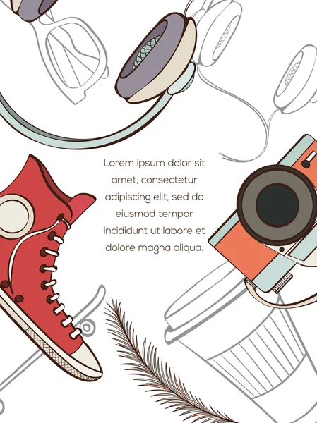 Kaart van hipster en skateboard elementen — Stockvector