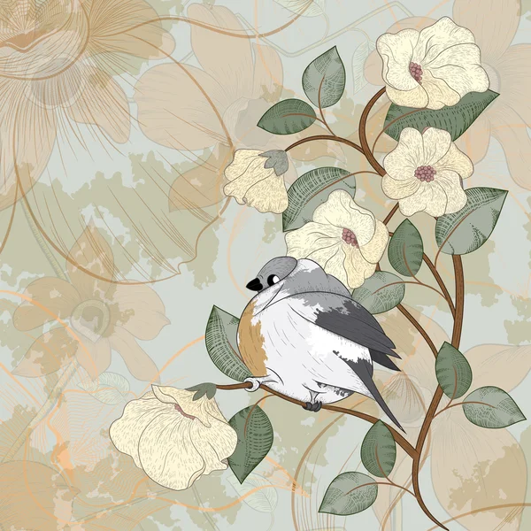 Κάρτα με το πουλί και τα λουλούδια — Διανυσματικό Αρχείο