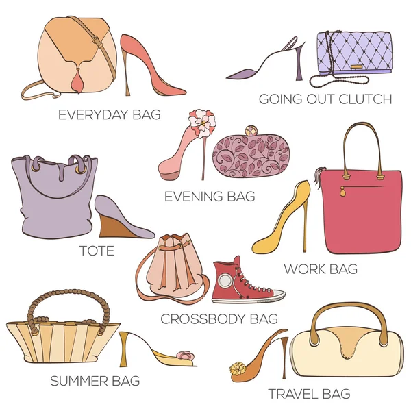 Conjunto de bolsas de mujer y zapatos . — Vector de stock