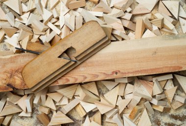 Marangoz araçları talaş ahşap tablo.