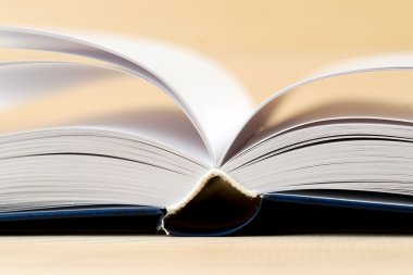 Ahşap masa üzerinde açık ciltli kitap. Okula dönüş. Kopya alanı