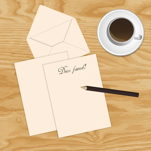 Φλιτζάνι καφέ, χαρτί, φάκελος και ένα μολύβι στο τραπέζι — Διανυσματικό Αρχείο