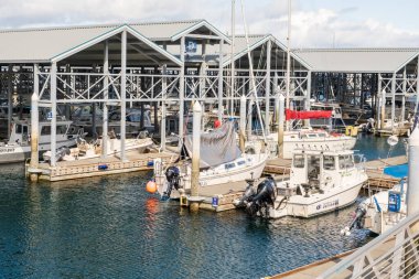 Edmonds, Marina Beach Park, WA, 03.13.2025 - rıhtımdaki yat ve tekneler