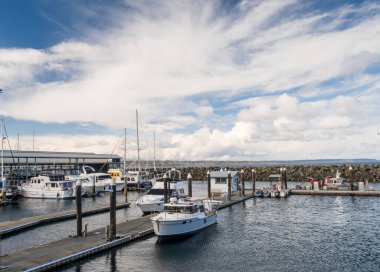Edmonds, Marina Beach Park, WA, 03.13.2025 - Edmonds, Marina Beach Park, WA, 03.13.2025 - iskeleye demirlemiş bir tekne