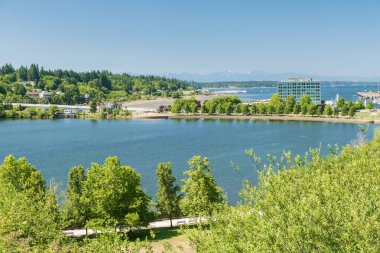 Olympia, Washington. ABD - 06.29.2025 - Capitol bölgesinden körfezin manzarası