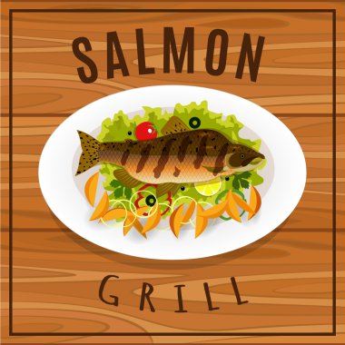 Patates dilimleri ile taze ızgara somon. Beyaz tahta masada yemek.