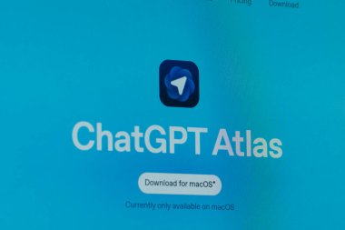 Dhaka, Bangladeş 26 Ekim 2025: ChatGPT Atlas logosu mavi eğimli arkaplan ve indir düğmesi