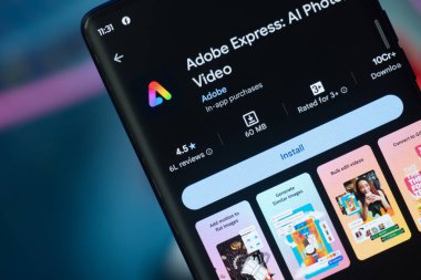 Dhaka, Bangladeş 22 Aralık 2025: Adobe Express - Akıllı telefondaki Grafik Tasarım uygulaması oyun mağazası sayfası