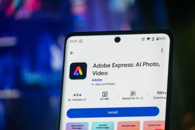 Dhaka, Bangladeş 22 Aralık 2025: Adobe Express - Akıllı telefondaki Grafik Tasarım uygulaması oyun mağazası sayfası