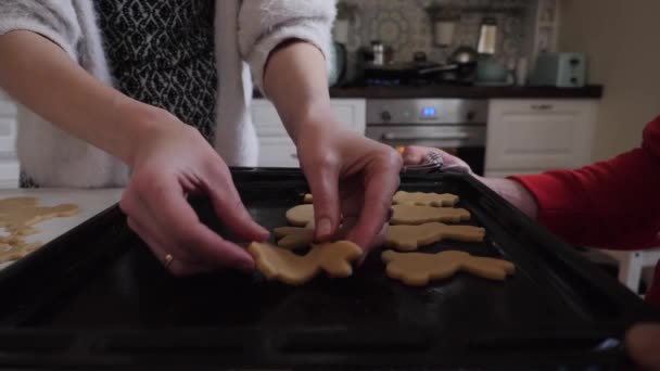 Kobieta kładzie świąteczne ciasteczka na blasze do pieczenia. — Wideo stockowe