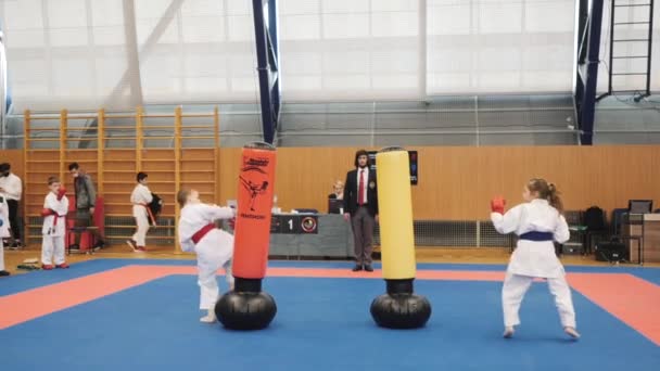 Jóvenes atletas participan en un torneo de karate. — Vídeos de Stock