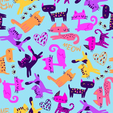 Seamless cute cat pattern. Playful cartoon kittens, hearts and MEOW lettering in bright colors. Fun childish illustration for kids fabric, textile, wrapping paper. Cartoon cats print