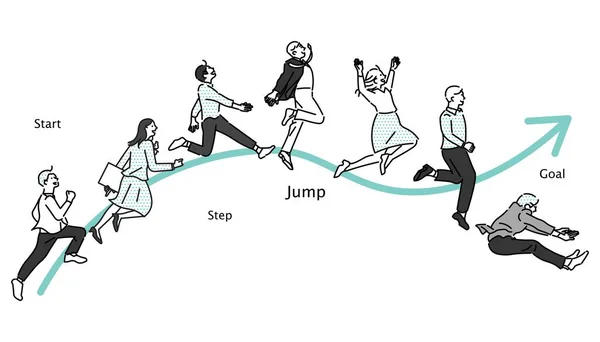 Başlangıç konsepti çizim çalışması, uçuş, atlama ve iniş Business sperson beyaz arkaplan resimleme materyali