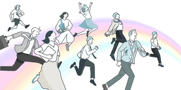 Startup Concept Illustration - Business Professionals - Men and Women Dreaming of a Parlak Geleceğin Hayalleri - Gökkuşağı Arkaplan Resimleri