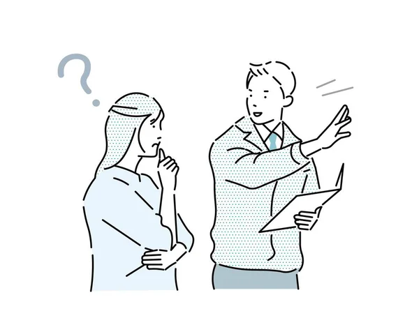 İllüstrasyon: İş adamı iş kıyafetleri içinde müşteriye bir fiyat açıklıyor Satış Sözleşmesi sorunlu kadına soruları olan bir kadın