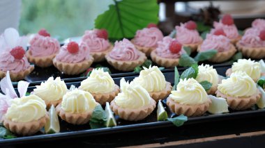 Kutlama için servis tepsisinde ahududu ve limonlu çeşitli mini kremalı tartlar.