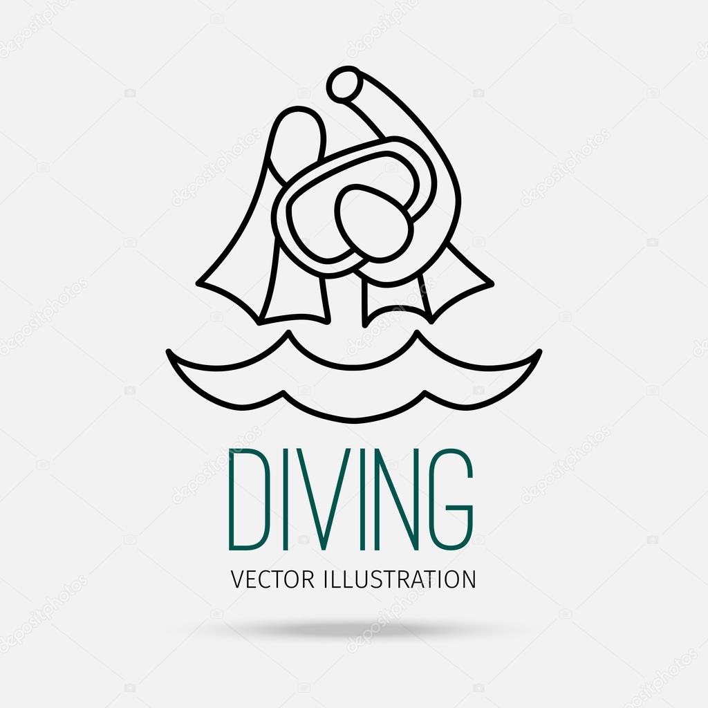 Vector illustration. Modern linear design. Accessories for diving. Black contour on a light gray background with text.