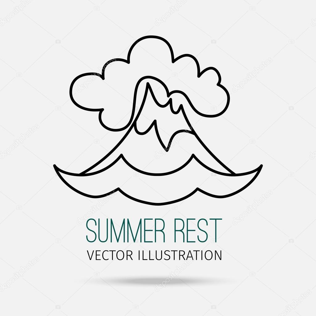 Vector illustration. Modern linear design. Volcano. Black contour on a light gray background with text.