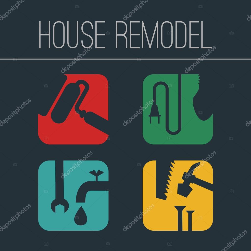 Set of vector colorful flat icons on the theme home repair or remodeling. The square icons on a dark background.