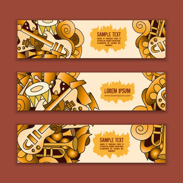 Banners con instrumentos musicales hechos a mano — Vector de stock