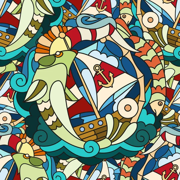 Peces, pesca y elementos del paisaje marino — Vector de stock