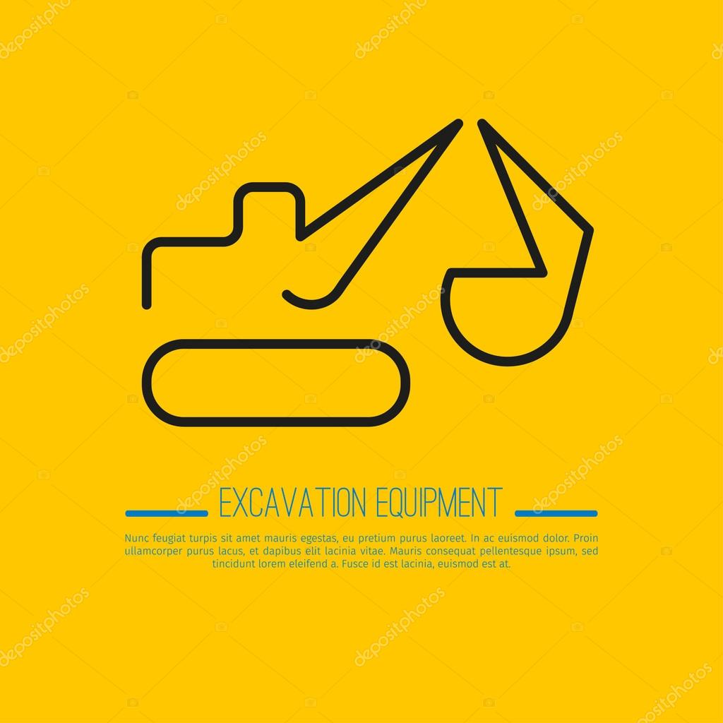 Vector thin linear icon in a modern flat design. A single logo for for the construction company. Excavation equipment. On a bright yellow background with text.