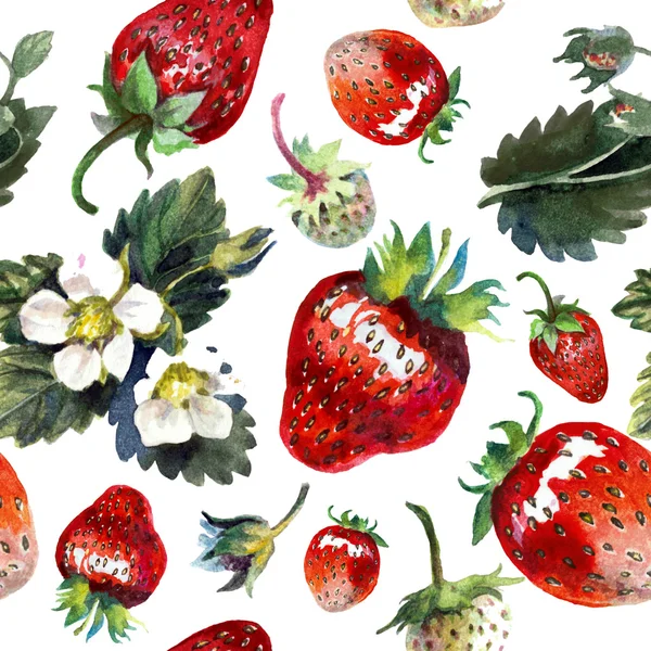 Mönster med strewberries. Akvarell på vit bakgrund — Stockfoto