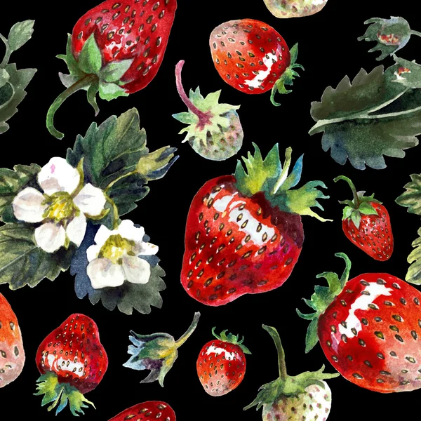 Mönster med strewberries. Akvarell på svart bakgrund — Stockfoto