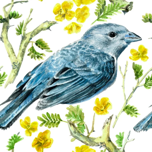 Pássaro azul aquarela no fundo branco. Padrão de primavera — Fotografia de Stock